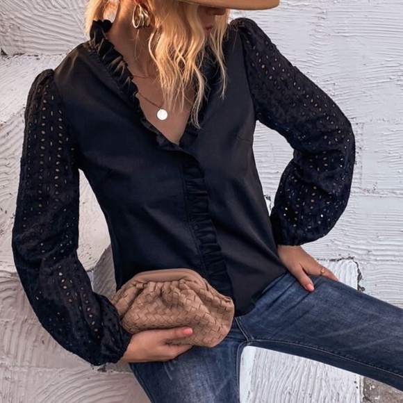 BellanBlue Tops - Boho Black Embroidered Ruffle Top Minimalist